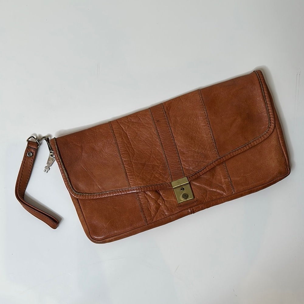 Brown Leather Clutch with Gold Accent